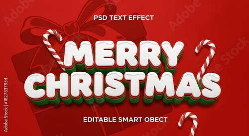 Merry christmas 3d text effect with candy canes on a festive red background, perfect for holiday greetings, banners, and seasonal designs