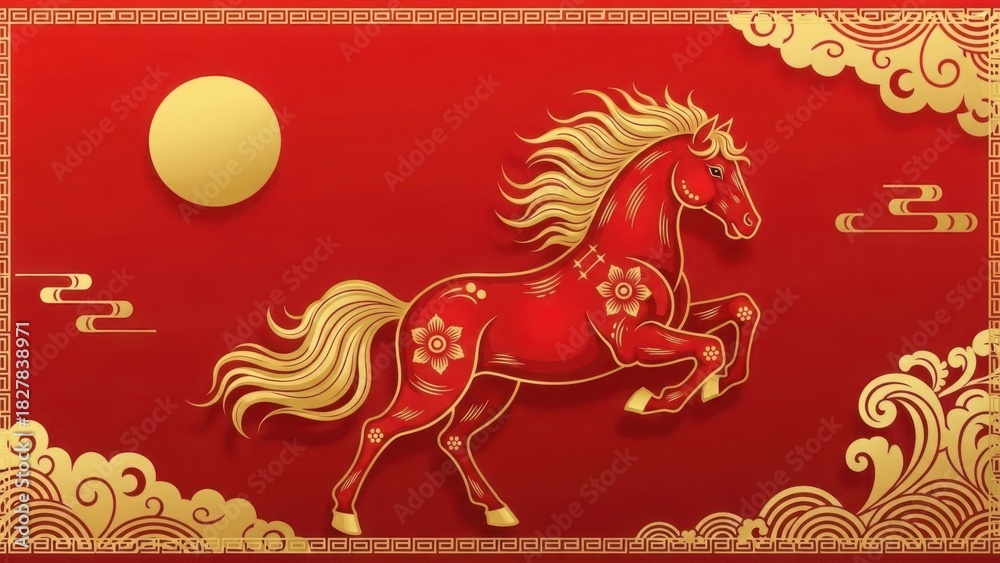 Fototapeta premium Chinese new year horse with golden pattern on red background, traditional celebration design