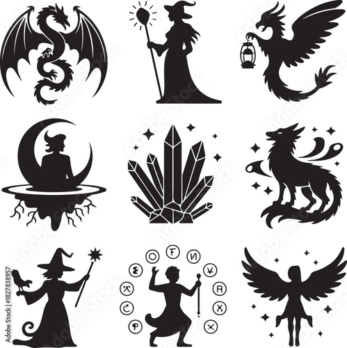 Magical Fantasy Creatures and Characters Vector Set in Black Silhouette