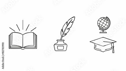 Hand-drawn doodle icons symbolizing knowledge, learning, and academic achievement open book, quill, inkwell, globe, and graduation cap visuals