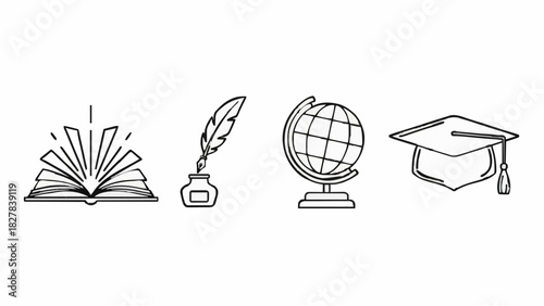 Collection of linear education icons representing knowledge, academic achievement, and global learning, ideal for web design and scholastic projects