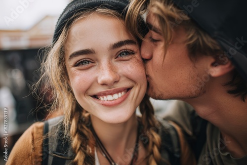 Close-up portrait of beautiful young woman smiling happily while being kissed on the cheek by her boyfriend showing love and affection