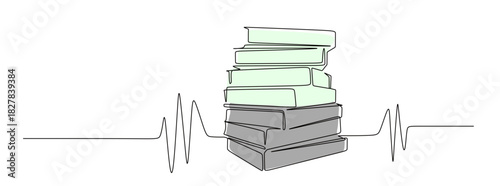 Continuous line art of a stack of books with curved lines. This icon is for a bookstore or library sticker. Vector illustration with attractive colors.
