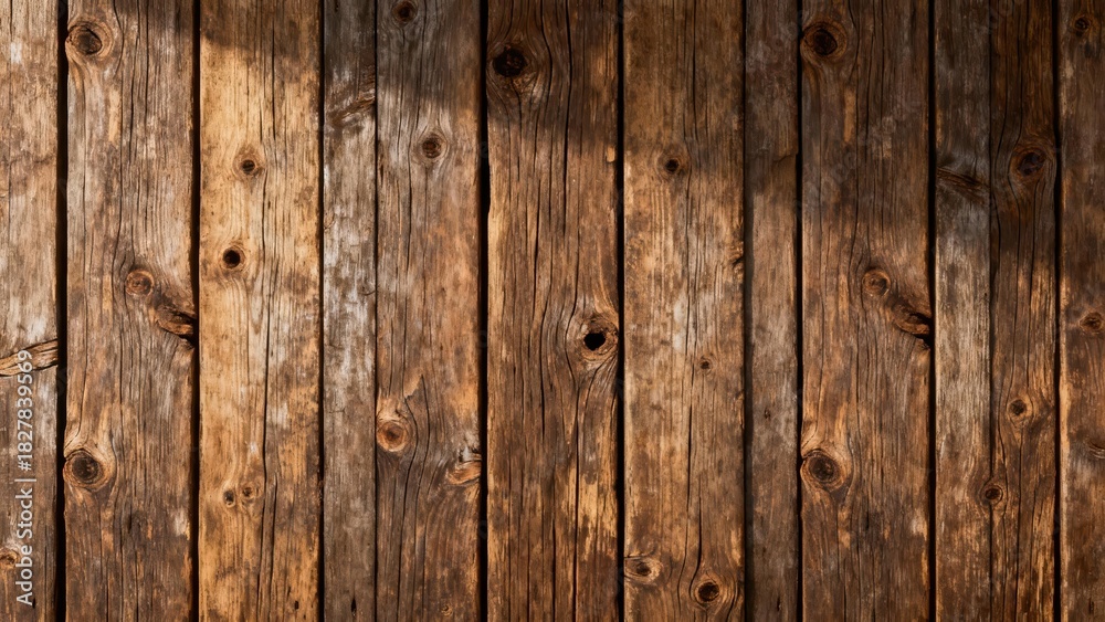 Fototapeta premium Weathered wooden planks form a textured background illuminated by natural light.