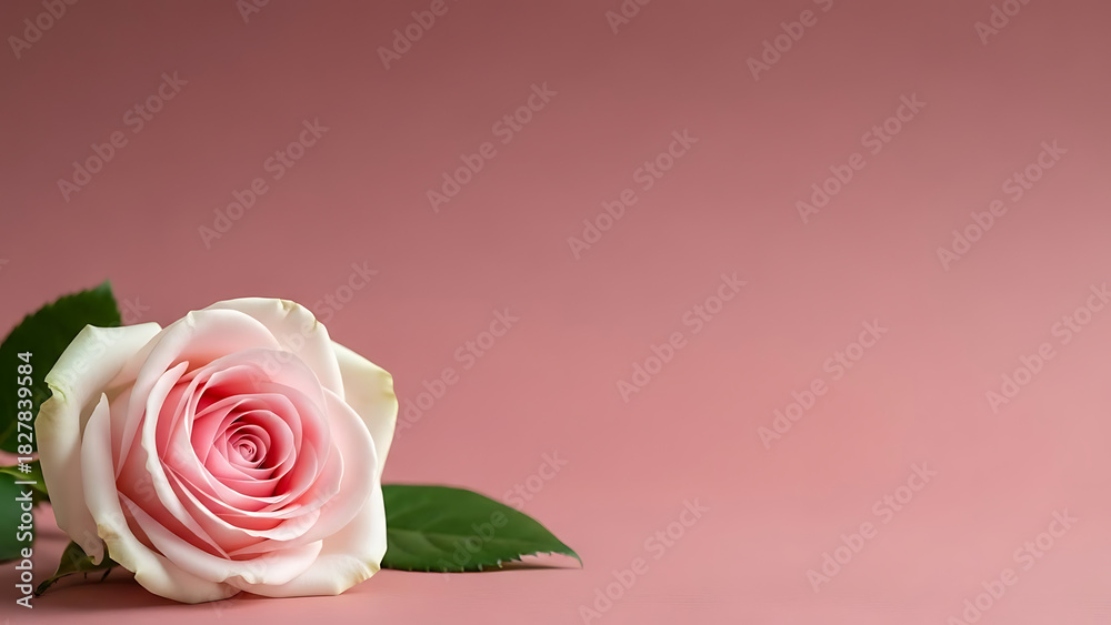 Fototapeta premium Elegant pink rose blossom with green leaves on a pink background.