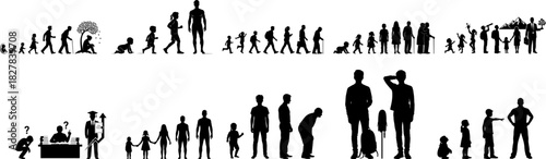 Human life cycle silhouette vector set from baby childhood adulthood maturity to old age concept