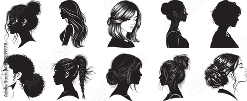 Female hairstyle portrait silhouette vector set featuring modern profile beauty hair fashion styles