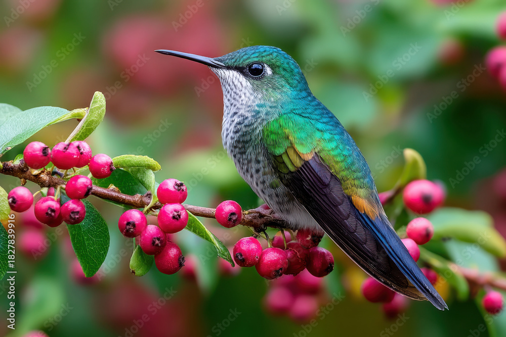 Obraz premium Colorful Hummingbird Perched on Branch with Pink Berries