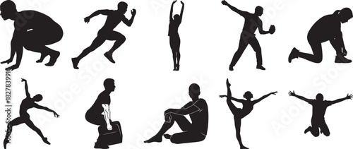 Athletic training silhouette vector set featuring running lifting jumping and strength exercise movement