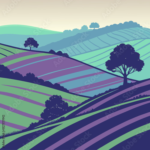 Rolling hills landscape with trees and colorful fields in vector format