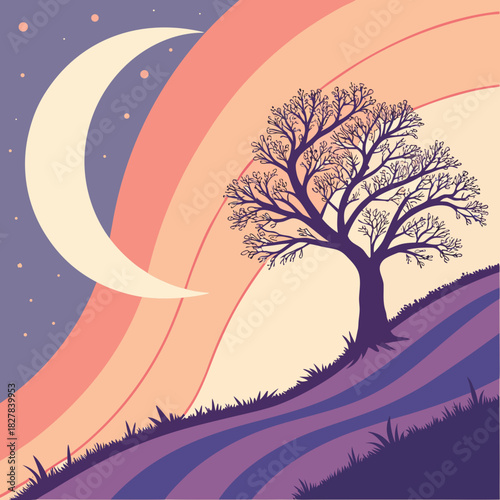 A crescent moon shines over a tree on a hill with a colorful rainbow