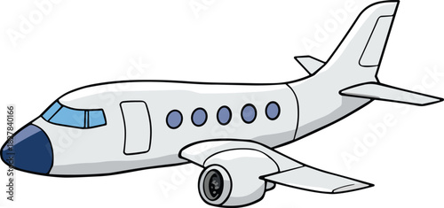 Cartoon airplane illustration, white fuselage, blue cockpit windows, dark blue nose, passenger jet drawing, aviation vector art, children’s transport design