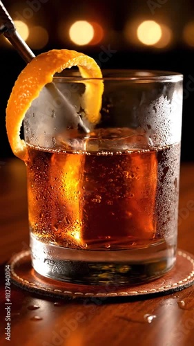 Dark Rum Old Fashioned Cocktail with Orange Peel Twist - A Close-Up View