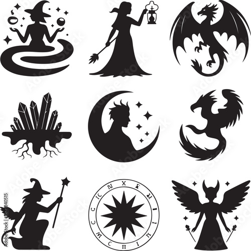 Mystical Creatures and Symbols Collection Fantasy and Magic Vector Illustration