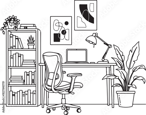 Minimalist workspace illustration with desk chair plants and bookshelf for home office