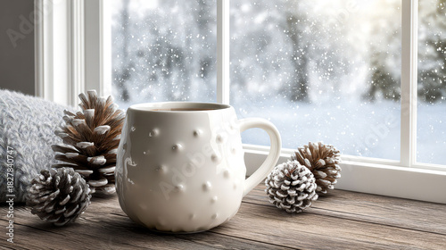A white mug with a pattern on it sits on a wooden table next to pine cones. The scene is set in a snowy environment, with the window providing a view of the snow-covered landscape outside