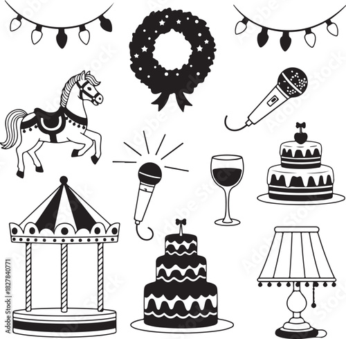 Monochrome Vector Illustration Set of Festive Occasion and Celebration Elements