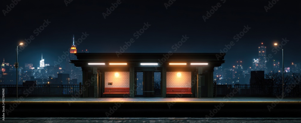 Fototapeta premium Nighttime scene of a vibrant urban subway station with brightly illuminated busy platforms