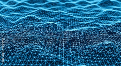 Abstract digital landscape of glowing blue networked dots and lines creating a wavy textured and futuristic terrain