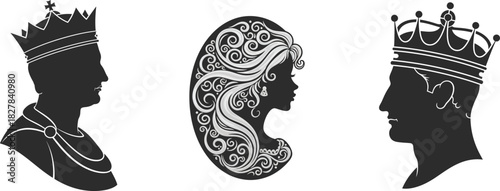 Three silhouette portraits of regal women with crowns and elaborate hairstyles