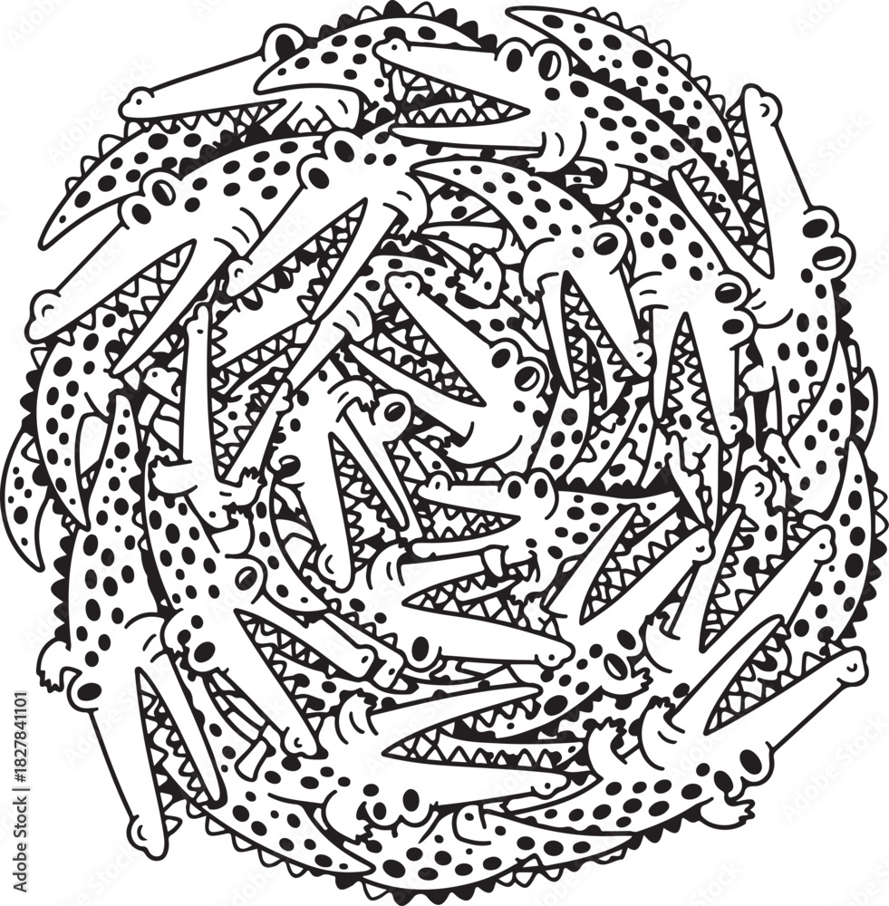Fototapeta premium Alligator Circle of Reptiles Black and White Doodle Illustration