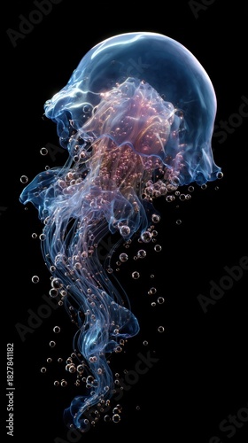 Colorful jellyfish swimming gracefully in dark waters surrounded by tiny bubbles