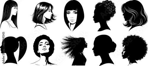 Female hairstyle profile silhouette vector set showing modern beauty haircuts and elegant head portraits