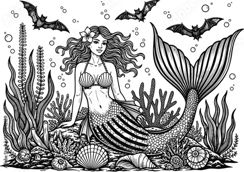 Black and white fantasy illustration of a spooky gothic mermaid, sitting on a rock among seashells and sea plants, with flying nocturnal bats and ocean bubbles