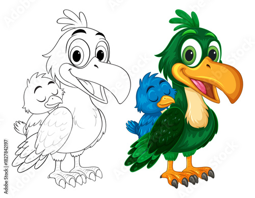 colorful hornbill parent chick illustration