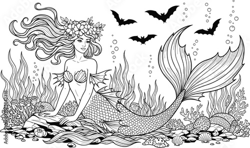 Detailed black and white illustration of a beautiful mystical mermaid with a floral crown, sitting on the ocean floor among sea plants, shells, and spooky flying bats