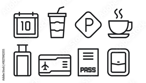 Travel and Vacation Planning Line Icon Set: Calendar, Soft Drink, Parking Sign, Coffee Cup, Luggage, Boarding Pass, Passport, and Hotel Key Card for Tourism and Journey