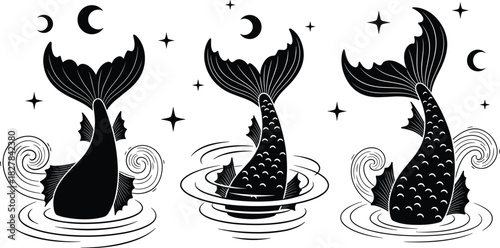 Fish tail vector set, black silhouette designs with stars, moon, water ripples, decorative patterns for fantasy decor, tattoo, nursery, coloring book