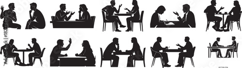 Business discussion silhouette vector set with two people talking at table for meeting and communication concept