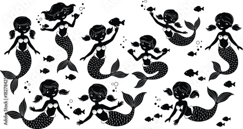Mermaid silhouette vector set, eight playful cartoon designs with fish, bubbles, pigtails for kids activity, coloring book, nursery, fantasy theme