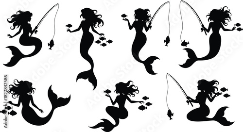 Mermaid silhouette vector set, six whimsical black designs with fishing rods, fish, long hair for fantasy decor, tattoo, nursery, coloring book