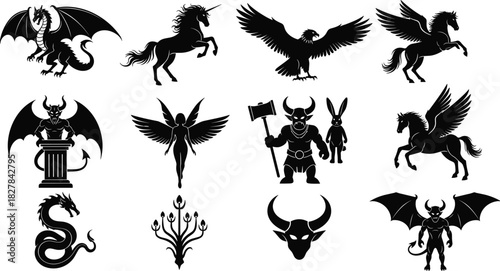 Mythical creature vector set, black silhouette fantasy icons including dragon, unicorn, Pegasus, demon, fairy, skull, serpent for tattoo, game, decor