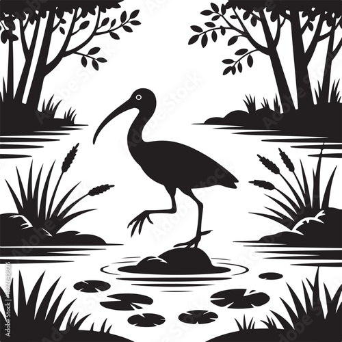 Silhouette illustration of ibis bird standing in a peaceful swampy landscape