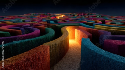 Colorful Abstract Maze with Stairway to Light, Representing Challenges, Solutions, and Pathways to Success, Featuring Intricate Designs and Vibrant Hues, Ideal for Conceptual and Creative Projects