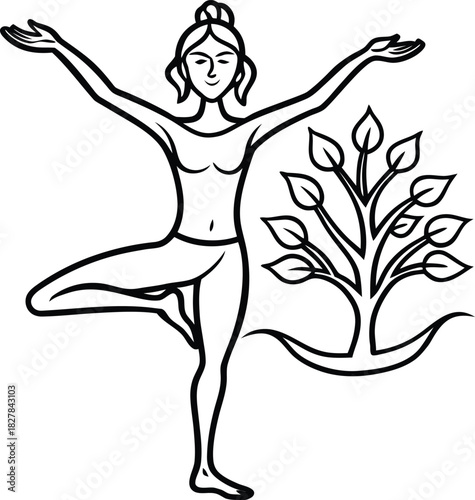 Woman Performing Yoga Tree Pose Next to a Stylized Tree