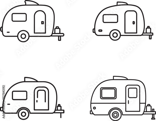 Four teardrop camper trailer icons in a simple line art style