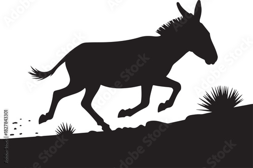 Silhouette of a donkey running free on a dark landscape isolated