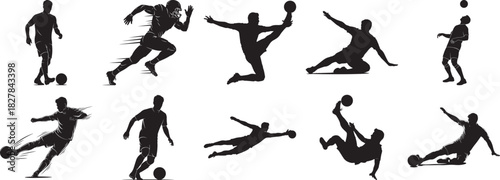 Soccer player action silhouette vector set with dynamic football kicking and running gameplay poses