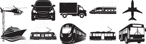 Transportation vehicle silhouette vector set including helicopter car truck train tram bus and airplane icons
