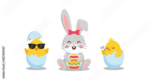 Cheerful Easter bunny holding a decorated egg flanked by a cool chick in sunglasses and a sleeping chick in eggshells.