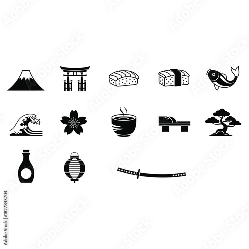 Collection of black and white minimalist japanese cultural icons and symbols including mount fuji, torii gate, sushi, wave, and katana sword isolated on