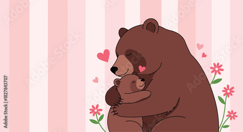 Heartwarming illustration of a loving mother bear hugging her baby cub surrounded by hearts and flowers on a striped background.