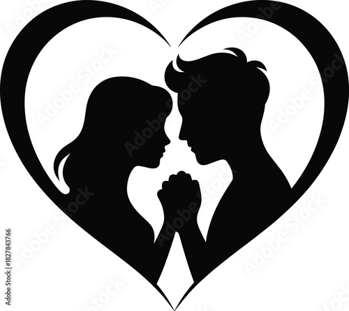 Silhouette of a loving couple holding hands within a heart shape, symbolizing romance and connection.