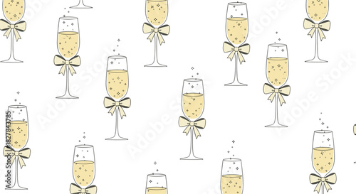 Festive seamless pattern of elegant champagne flutes filled with sparkling bubbles and adorned with delicate ribbons for celebrations.