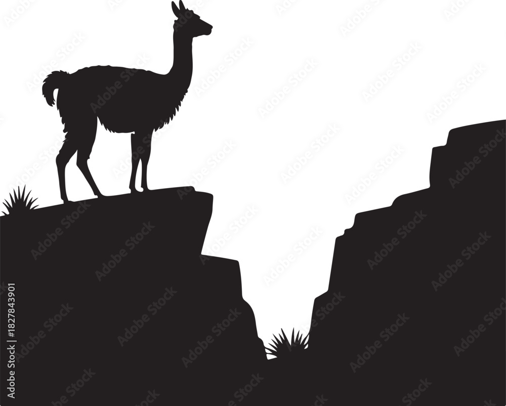 Fototapeta premium Silhouette of llama standing on mountain peak gazing at distant landscape
