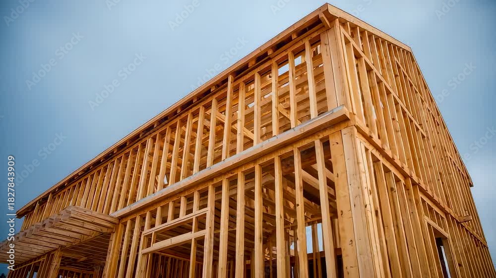 Wood framed building under construction with exposed timber structure ...
